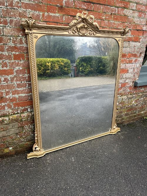An Exceptional Large Antique English 19th Century Carved Wood & Gesso Gilt Overmantle Mirror.