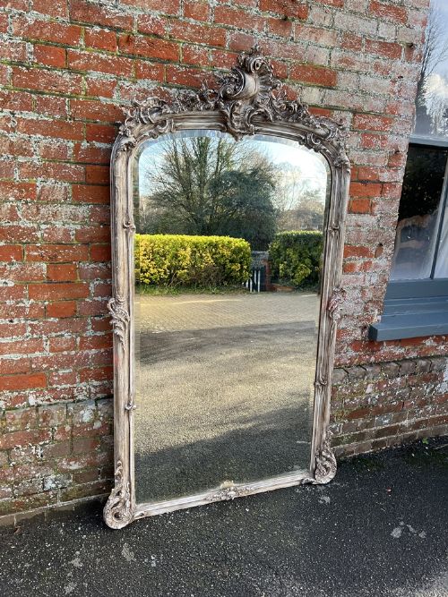 A Spectacular Large Antique French 19th Century Carved Wood & Gesso Arched Top Painted Mirror.