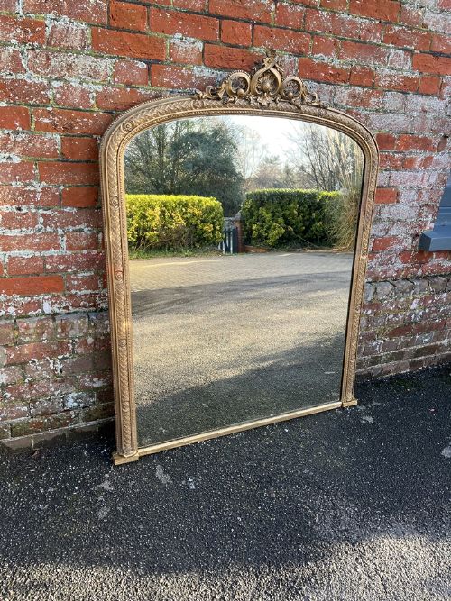 A Fabulous Good Size Antique English 19th Century Carved Wood & Gesso Arched Top Gilt Overmantle Mirror.