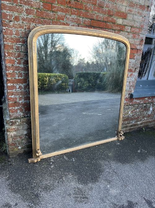 An Exceptional Large Antique English 19th Century Carved Wood & Gesso Arched Top Gilt Overmantle Mirror.