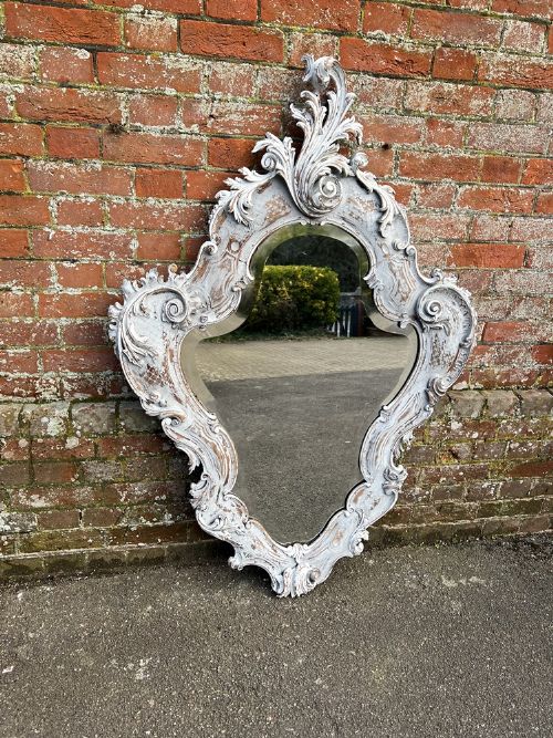 An Exceptional Large Antique Italian 19th C Carved Wood Painted Shaped Mirror.