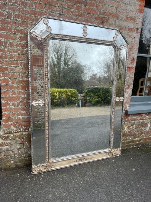 A Highly Impressive Large Antique Italian 19th Century Carved Wood & Gesso Shaped Top Original Silvered Ribbed Framed Cushion Mirror.