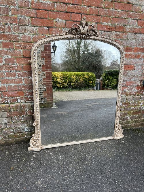 A Stunning Large Antique English 19th Century Carved Wood & Gesso Arched Top Painted Overmantle Mirror.