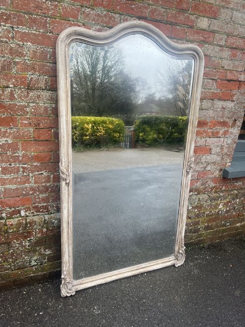 A Fabulous Large Antique French 19th Century Carved Wood & Gesso Shaped Top Painted Mirror.