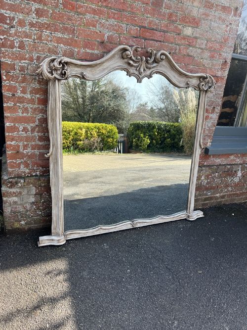 A Delightful Large Antique English 19th Century Carved Wood Painted Shaped Top Overmantle Mirror.