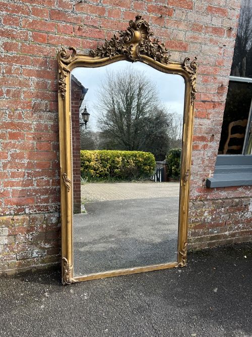 An Exceptional Large Antique French 19th Century Carved Wood & Gesso Shaped Top Gilt Mirror,