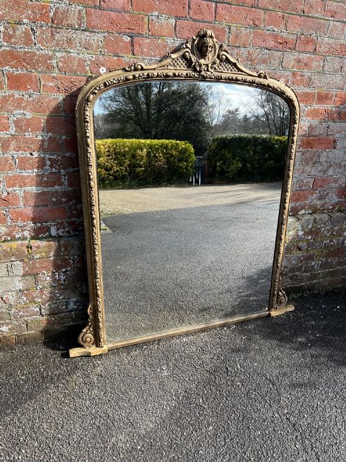 A Stunning Large Antique English 19th Century Carved Wood & Gesso Arched Top Original Gilt Overmantle Mirror.