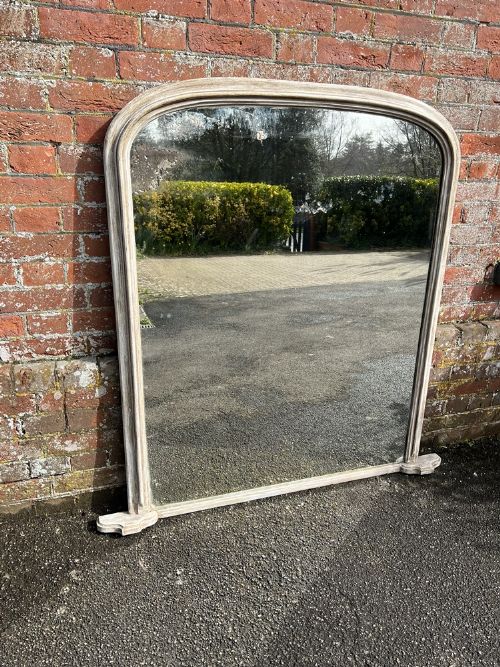 A Delightful Large Antique English 19th Century Carved Wood & Gesso Arched Top Painted Overmantle Mirror.