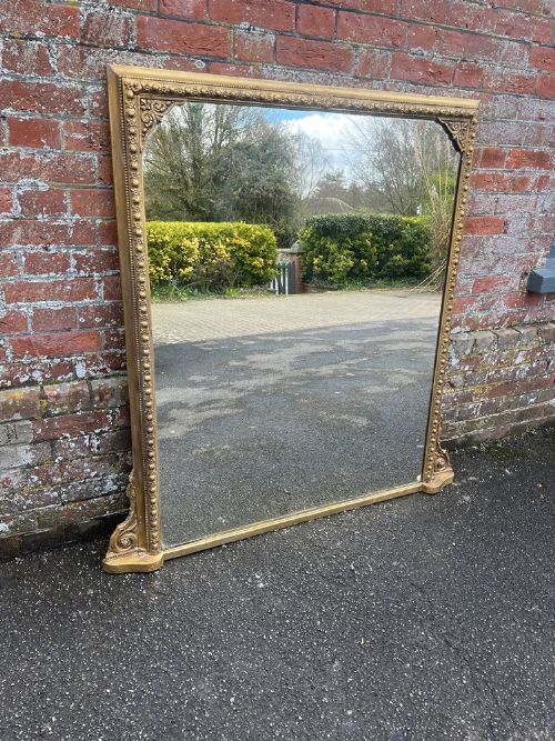 A Stunning Large Antique English 19th Century Carved Wood & Gesso Gilt Overmantle Mirror.
