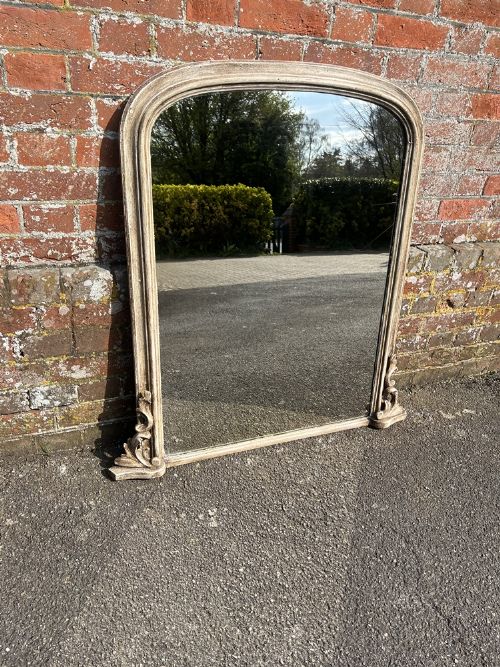 A Fabulous Antique English 19th Century Carved Wood & Gesso Arched Top Painted Plain Overmantle Mirror.