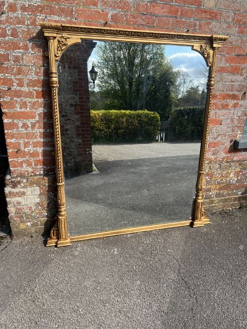 A Stunning Large Antique English Century Carved Wood & Gesso Gilt Overmantle Mirror.