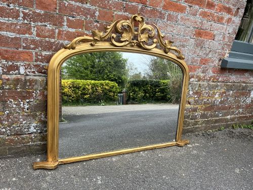 A Fabulous Highly Useful Size Antique English 19th Century Carved Wood & Gesso Arched Top Gilt Overmantle Mirror.
