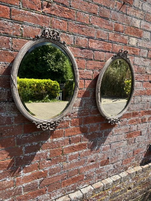 A Superb Pair of Antique French 19th Century Carved Wood & Gesso Painted Oval Mirror.