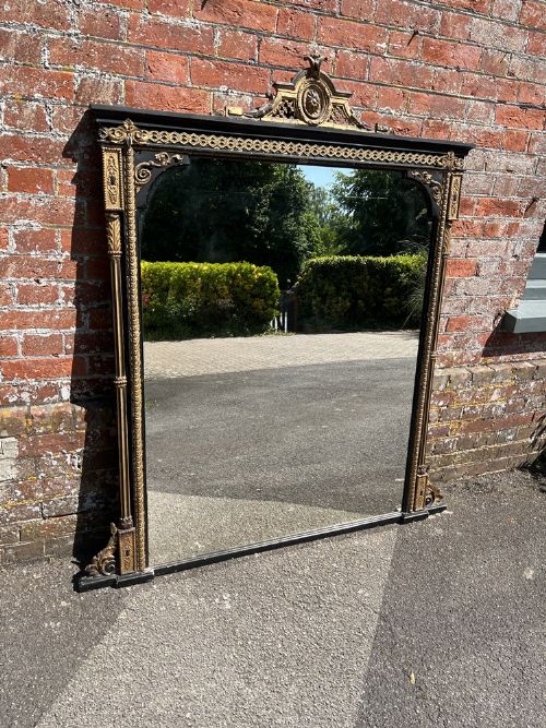 A Wonderful Large Antique English 19th Century Carved Wood & Gesso Black & Gilt Overmantle Mirror.