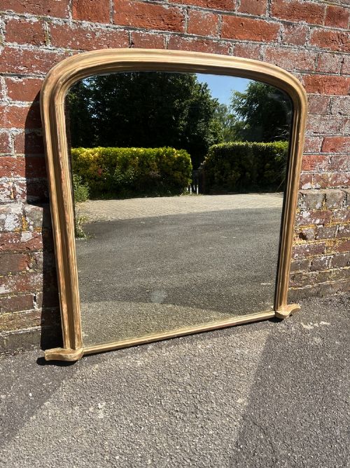 A Delightful Highly Useful Size Antique English 19th Century Carved Wood & Gesso Arched Top Gilt Overmantle Mirror.