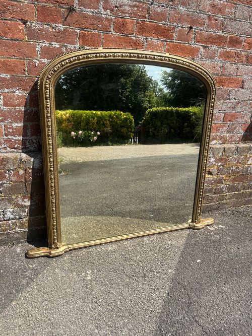A Delightful Highly Useful Size Antique English 19th Century Carved Wood & Gesso Arched Top Original Gilt Overmantle Mirror.
