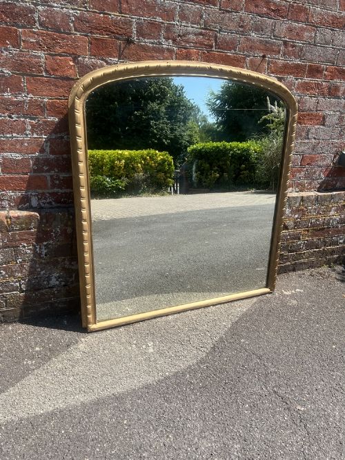 A Delightful Good Size Antique English 19th Century Carved Wood & Gesso Arched Top Gilt Ribbed Framed Overmantle Mirror.