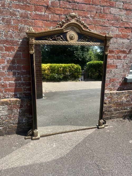 A Stunning Large Antique English 19th Century Carved Wood & Gesso Gilt & Black Ribbed Framed Overmantle Mirror.