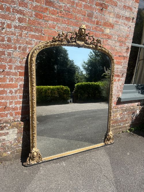 A Superb Large Antique English 19th Century Carved Wood & Gesso Arched Top Gilt Overmantle Mirror.