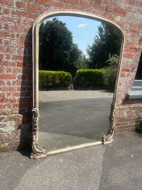 A Spectacular Large Antique English 19th C Carved Wood & Gesso Arched Top Painted Mirror.