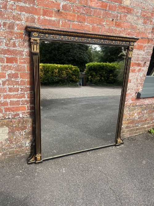 A Superb Large Antique English 19th Century Carved Wood & Gesso Original Gilt & Ebonized Column Overmantle Mirror.