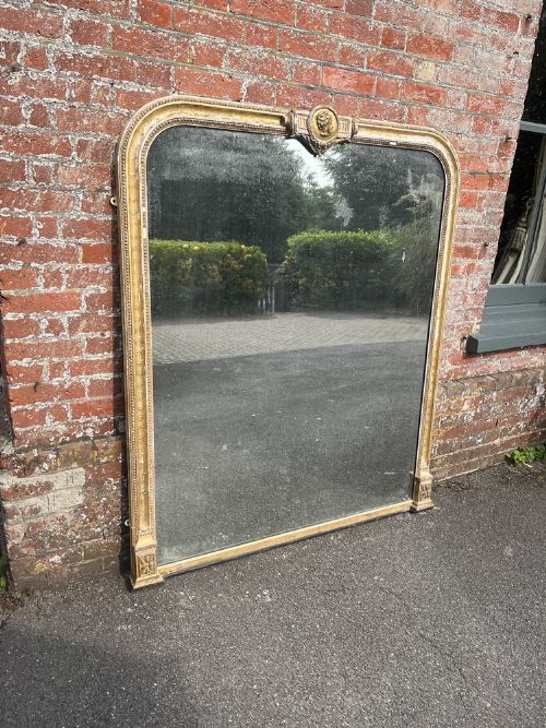 A Highly Impressive Large Antique English 19th Century Carved Wood & Gesso Arched Top Original Gilt Overmantle Mirror.