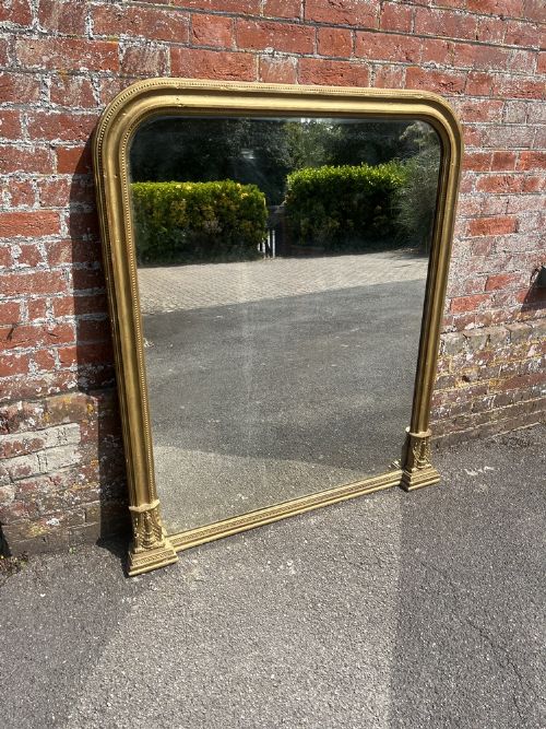 A Wonderful Large Antique English 19th Century Carved Wood & Gesso Arched Top Gilt Overmantle Mirror.