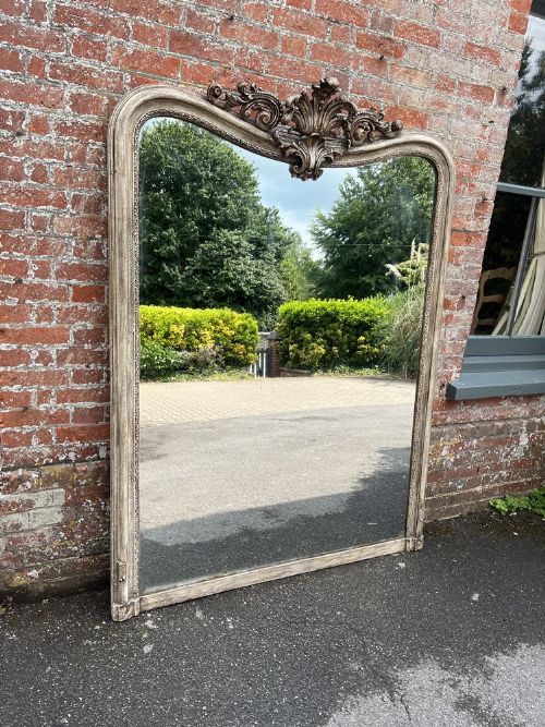An Exceptional Large Antique French 19th Century Carved Wood & Gesso Shaped Top Painted Mirror.