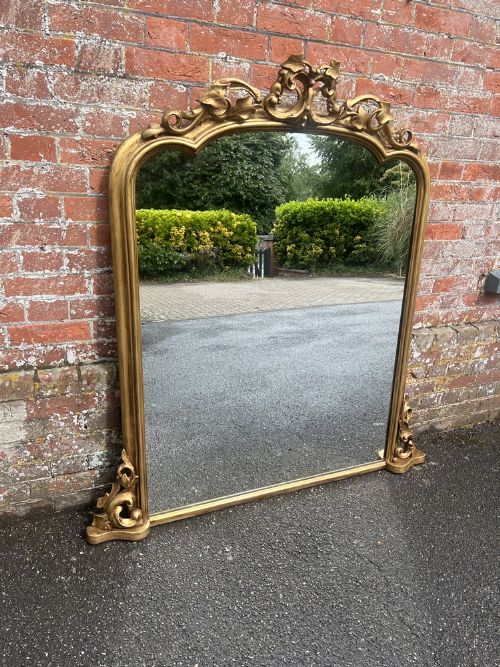 A Fabulous Large Antique English 19th Century Carved Wood & Gesso Shaped Top Gilt Overmantle Mirror.