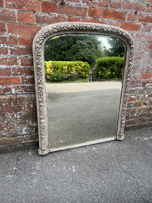 A Splendid Good Size Antique English 19th Century Carved Wood & Gesso Arched Top Painted Overmantle Mirror.