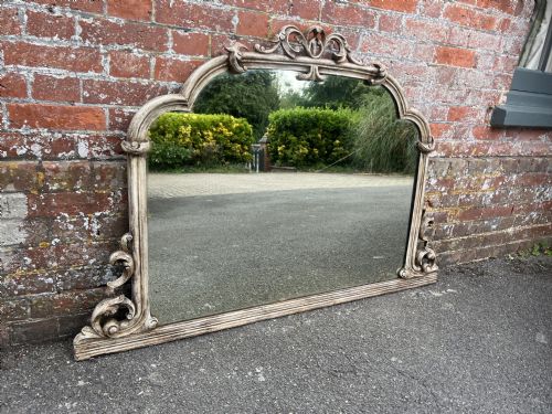 A Fabulous Large Antique English 19th Century Carved Wood Painted Shaped Top Overmantle Mirror.