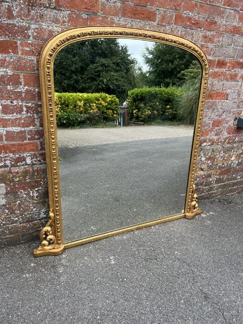 A Stunning Large Antique English 19th Century Carved Wood & Gesso Arched Top Gilt Overmantle Mirror.