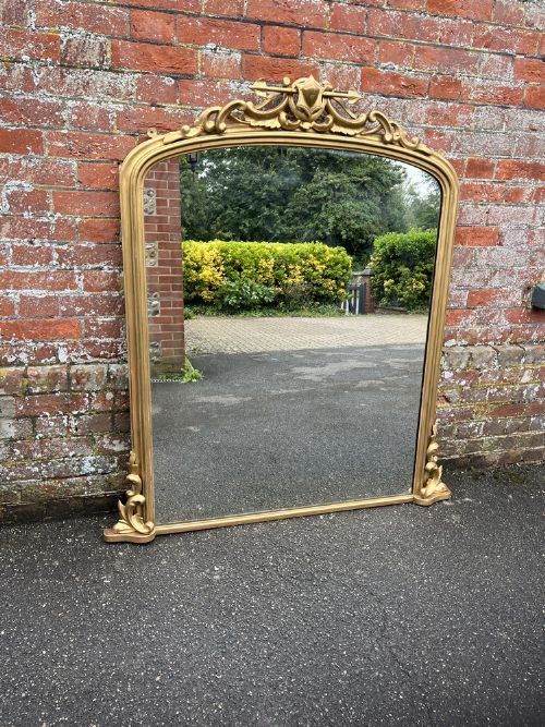 A Fabulous Large Antique English 19th Century Carved Wood & Gesso Original Gilt Overmantle Mirror.
