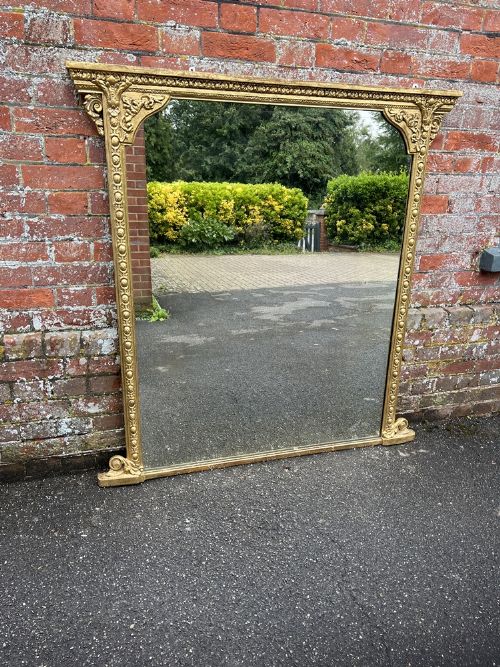 A DELIGHTFUL LARGE ANTIQUE ENGLISH 19TH CENTURY CARVED WOOD GESSO GILT OVERMANTLE MIRROR