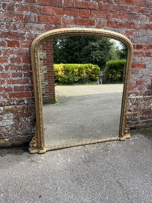 A Wonderful Large Antique English 19th Century Carved Wood & Gesso Original Gilt Arched Top Overmantle Mirror.
