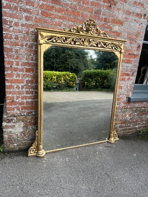 An Exceptional Large Antique English 19th Century Carved Wood & Gesso Gilt Overmantle Mirror.