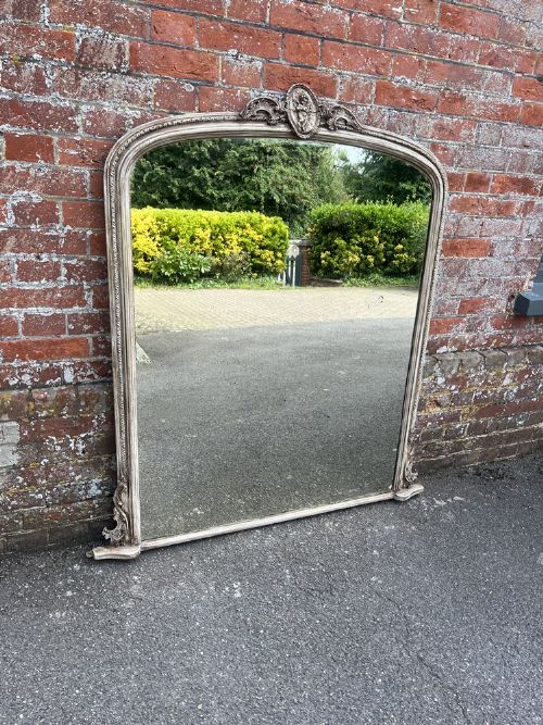 A Superb Large Antique English 19th Century Carved Wood & Gesso Arched Top Painted Overmantle Mirror.