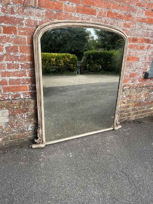 A Superb Large Antique English 19th C Carved Wood & Gesso Arched Top Painted Mirror.
