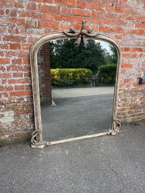 A Spectacular Large Antique English 19th Century Carved Wood & Gesso Arched Top Ribbed Framed Painted Overmantle Mirror.