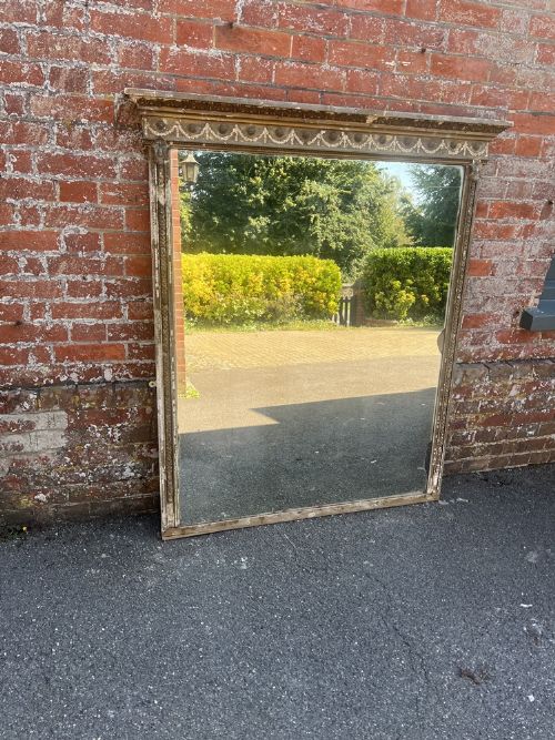 An Exceptional Large Antique English 19th C Carved Wood & Gesso Original Distressed Gilt Overmantle Mirror.