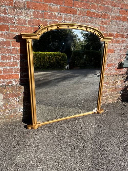 A Fabulous Large Antique English 19th C Carved Wood & Gesso Shaped Top Gilt Overmantle Mirror.