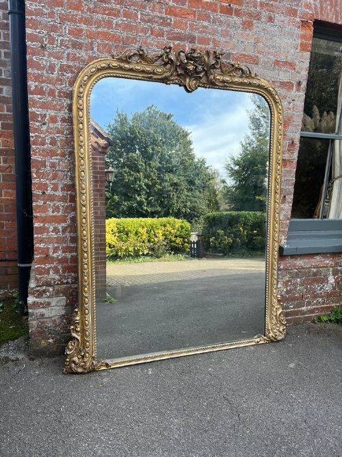 A Spectacular Large Antique English 19th Century Carved Wood & Gesso Arched Top Original Gilt Mirror.