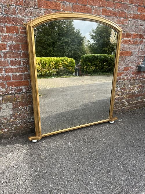 A Superb Large Antique English 19th Century Carved Wood & Gesso Shaped Top Gilt Overmantle Mirror.