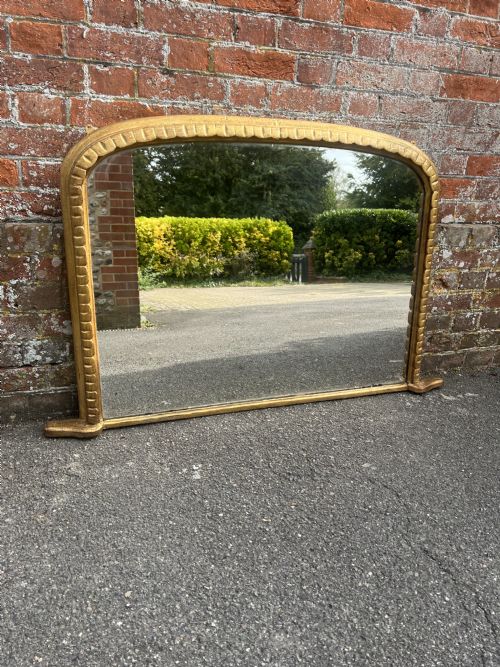 A Highly Useful Size Antique English 19th Century Carved Wood & Gesso Arched Top Gilt Overmantle Mirror.