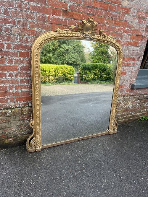 A Splendid Large Antique English 19th Century Carved Wood & Gesso Arched Top Original Gilt Overmantle Mirror.
