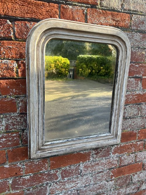 A Delightful Highly Useful Size Antique French 19th Century Carved Wood & Gesso Arched Top Painted Mirror.