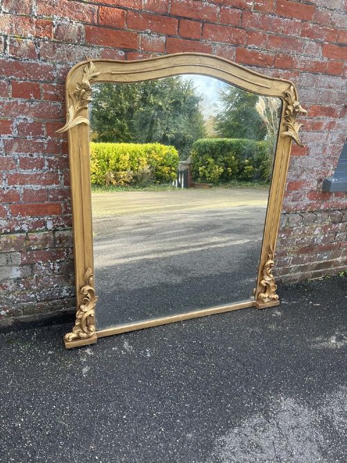 A Fabulous Large Antique English 19th Century Carved Wood & Gesso Gilt Shaped Top Overmantle Mirror.