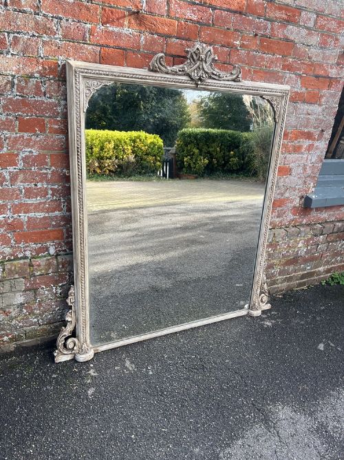 An Exceptional Large Antique English 19th Century Carved Wood & Gesso Painted Overmantle Mirror.