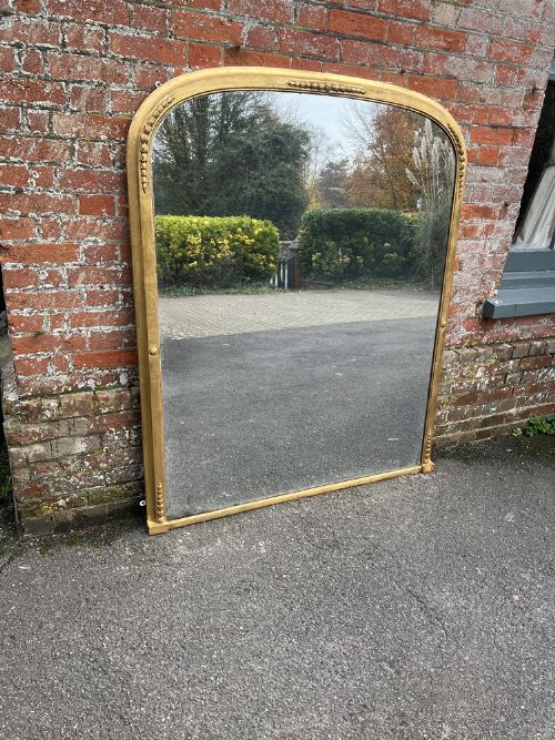 A Wonderful Large Antique English 19th Century Carved Wood & Gesso Arched Top Gilt Overmantle Mirror.