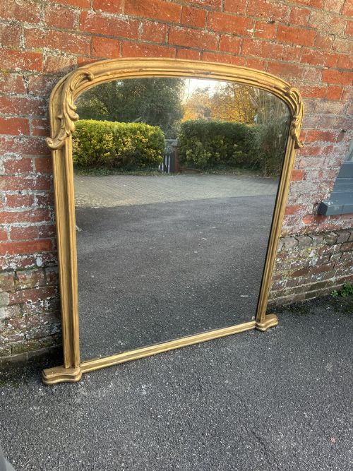 A Stunning Large Antique English 19th Century Carved Wood & Gesso Arched Top Gilt Overmantle Mirror.